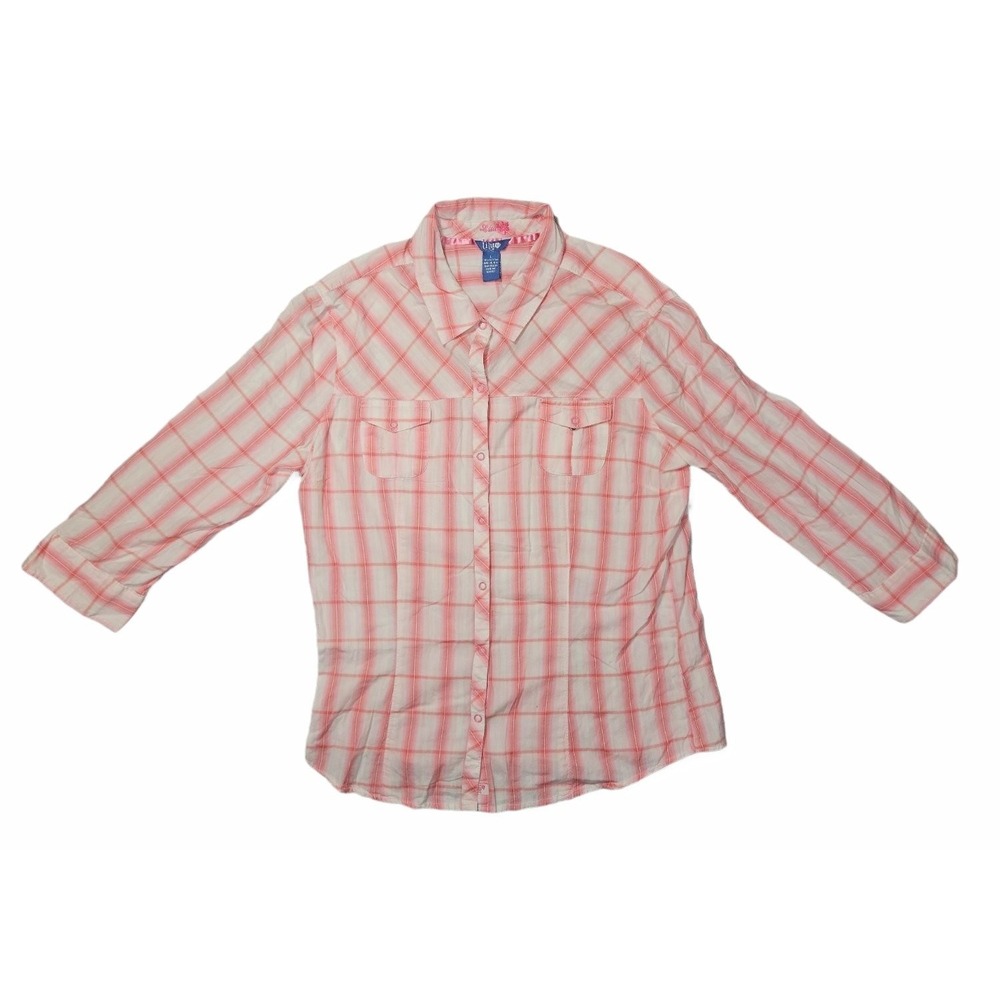 Lilu Women's Large Pink White Plaid 3/4 Sleeve Button Up Western Shirt Cotton